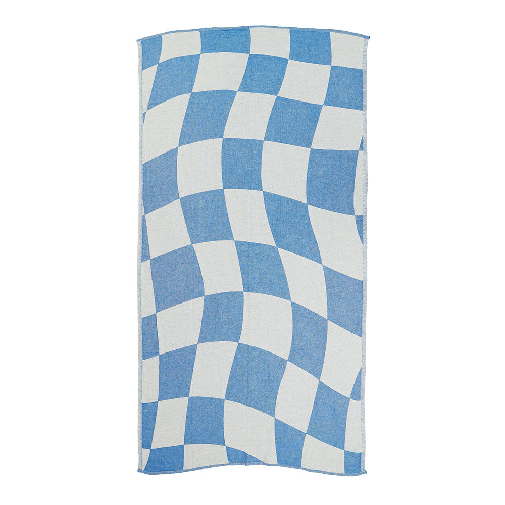 NIXY Squares Recycled Turkish Beach Towel in Bright Blue, geometric square pattern laid flat on a white background