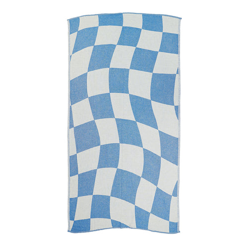 NIXY Squares Recycled Turkish Beach Towel in Bright Blue, geometric square pattern laid flat on a white background