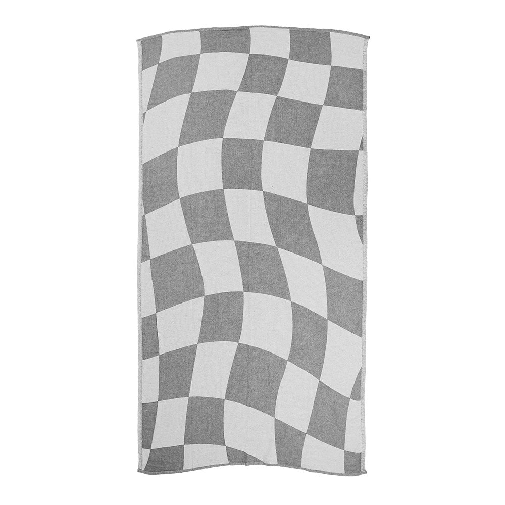 NIXY Squares Recycled Turkish Beach Towel in Gray, geometric square pattern laid flat on a white background