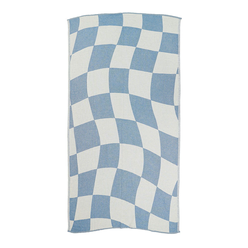 NIXY Squares Recycled Turkish Beach Towel in Light Blue, geometric square pattern laid flat on a white background