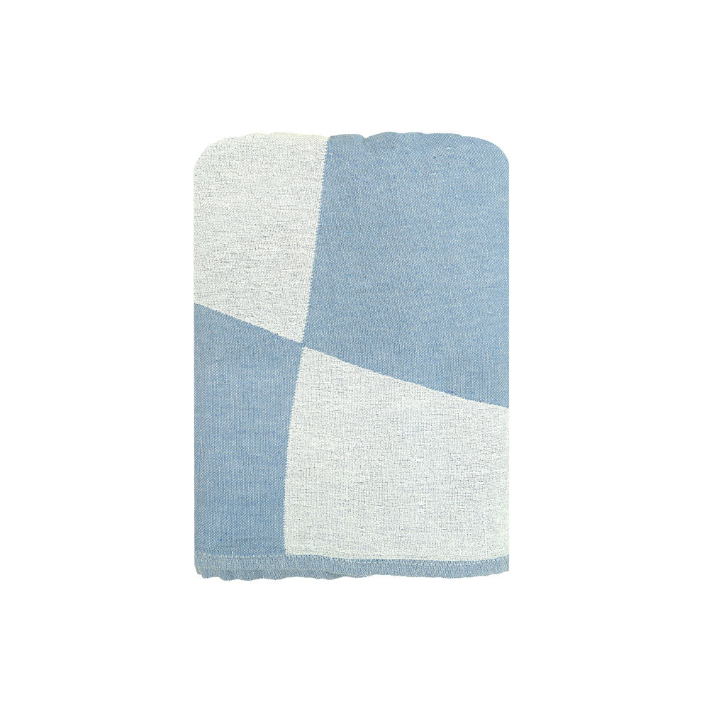 Close-up of the NIXY Squares Recycled Turkish Beach Towel in Light Blue, 100% recycled Turkish cotton weave