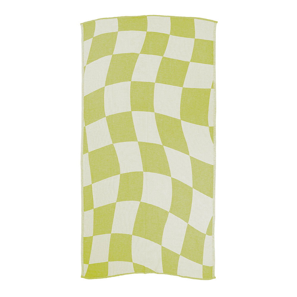 NIXY Squares Recycled Turkish Beach Towel in Lime, geometric square pattern laid flat on a white background