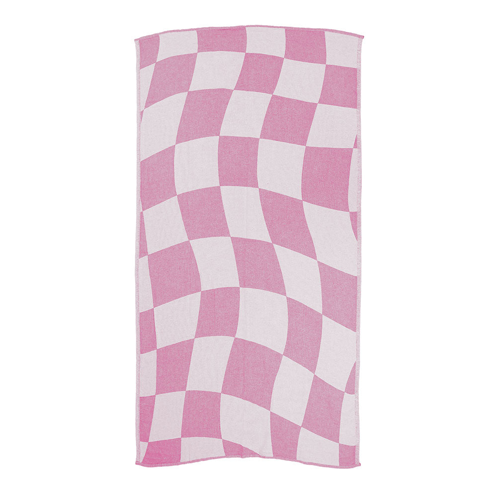 NIXY Squares Recycled Turkish Beach Towel in Pink, geometric square pattern laid flat on a white background
