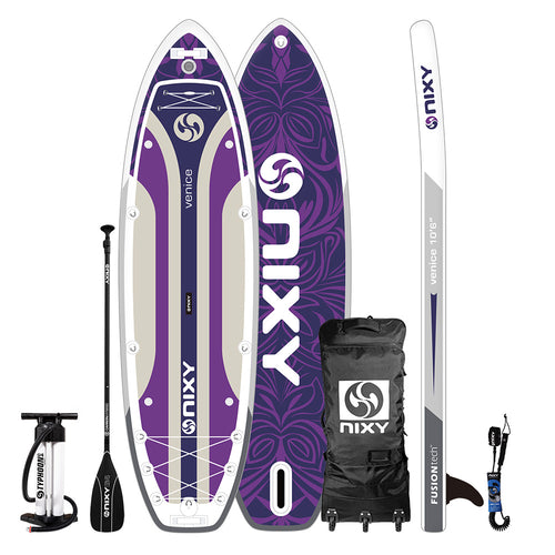 NIXY Venice G5 10'6" inflatable yoga and cruiser paddle board in Purple with carbon paddle, pump, backpack, fin and leash
