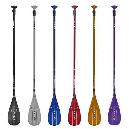 NIXY 3-Piece Adjustable 100% 3K Carbon Fiber SUP Pro Paddle full length lineup in six colors Black, Silver, Blue, Red, Yellow and Purple with 88 square inch standard blades, lightweight high performance carbon fiber paddle for paddleboarding, SUP and kayaking