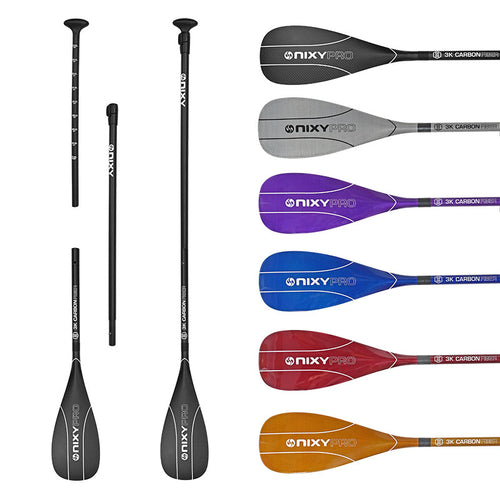 NIXY 3-Piece Adjustable 100% 3K Carbon Fiber SUP Pro Paddle in all five colors Silver, Purple, Blue, Red and Yellow showing 88 square inch standard blades and carbon fiber shaft, lightweight high performance paddle for paddleboarding, SUP and kayaking
