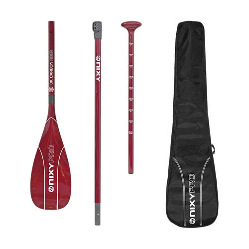 NIXY 3-Piece Adjustable 100% 3K Carbon Fiber SUP Pro Paddle complete set in Red showing blade, middle shaft, T-grip handle and carry bag with 88 square inch standard blade size, lightweight high performance paddle for paddleboarding, SUP and kayaking