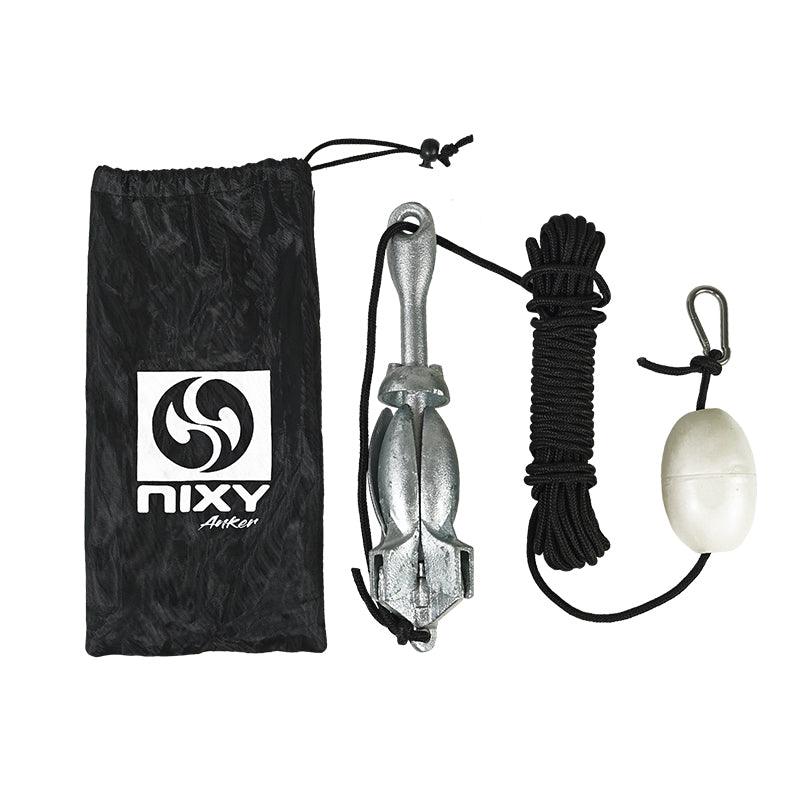 NIXY Anchor alongside the included portable carry bag easy attach with a white background.