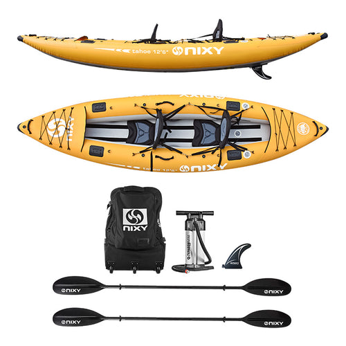 NIXY Tahoe Inflatable Kayak complete package in yellow – full kit includes 2-person tandem inflatable kayak (side and top views), rolling backpack, dual-chamber hand pump, removable tracking fin, and two NIXY carbon fiber kayak paddles