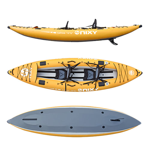 NIXY Tahoe Inflatable Kayak 12'6" in yellow – side, top, and hull views of the 2-person tandem inflatable kayak showing dual seats, bungee storage, removable tracking fin, and reinforced drop-stitch bottom for rivers, lakes, and oceans