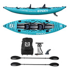 NIXY Tahoe Inflatable Kayak complete package in aqua blue – full kit includes 2-person tandem inflatable kayak (side and top views), rolling travel backpack, Typhoon Mini dual-chamber hand pump, removable tracking fin, and two NIXY carbon fiber kayak paddles