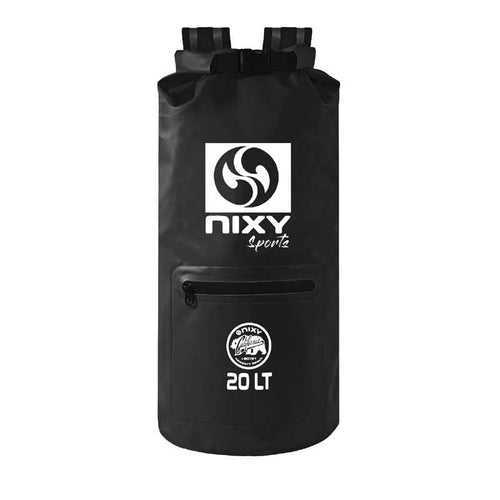 NIXY 20L Waterproof Dry Bag Backpack in Black, front view showing roll top closure, backpack straps, zippered front pocket and NIXY sports logo, sleek floating waterproof backpack for paddleboarding, SUP, kayaking and beach adventures