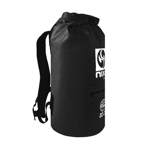 NIXY 20L Waterproof Dry Bag Backpack in Black, side view showing roll top closure, padded backpack straps and zippered side pocket, sleek floating waterproof backpack for paddleboarding, SUP, kayaking and outdoor adventures