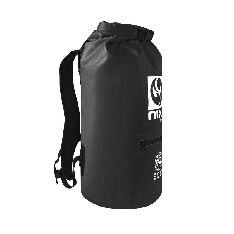 NIXY 30L Waterproof Dry Bag Backpack in Black, side view showing padded adjustable backpack strap, roll top closure and zippered side pocket, floating waterproof backpack for paddleboarding, SUP, kayaking and outdoor adventures