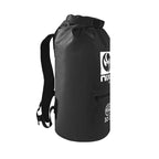 NIXY 30L Waterproof Dry Bag Backpack in Black, side view showing padded adjustable backpack strap, roll top closure and zippered side pocket, floating waterproof backpack for paddleboarding, SUP, kayaking and outdoor adventures