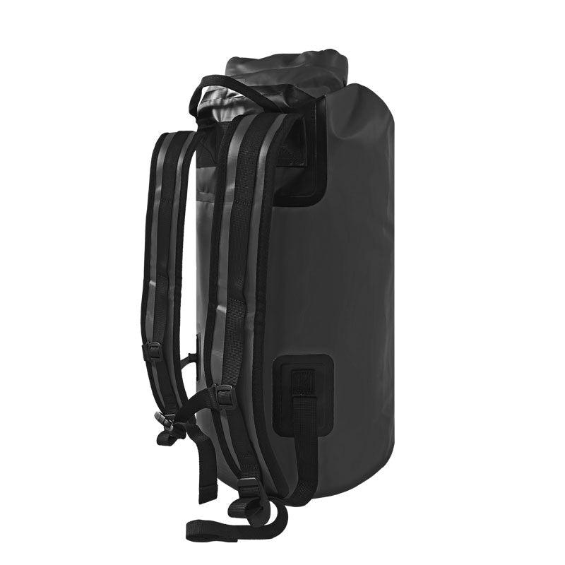 NIXY 30L Waterproof Dry Bag Backpack in Black, back panel view showing padded adjustable shoulder straps, chest and waist buckles and roll top closure for a secure fit during paddleboarding, SUP, kayaking and hiking