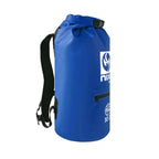 NIXY 30L Waterproof Dry Bag Backpack in Blue, side view showing padded adjustable backpack strap, roll top closure and zippered side pocket, floating waterproof backpack for paddleboarding, SUP, kayaking and outdoor adventures