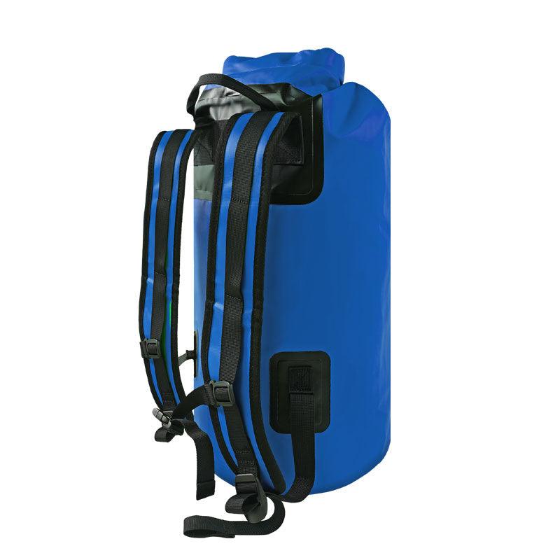 NIXY 30L Waterproof Dry Bag Backpack in Blue, back panel view showing padded adjustable shoulder straps, chest and waist buckles and roll top closure for a secure fit during paddleboarding, SUP, kayaking and hiking
