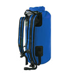 NIXY 30L Waterproof Dry Bag Backpack in Blue, back panel view showing padded adjustable shoulder straps, chest and waist buckles and roll top closure for a secure fit during paddleboarding, SUP, kayaking and hiking