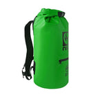 NIXY 30L Waterproof Dry Bag Backpack in Green, side view showing padded adjustable backpack strap, roll top closure and zippered side pocket, floating waterproof backpack for paddleboarding, SUP, kayaking and outdoor adventures