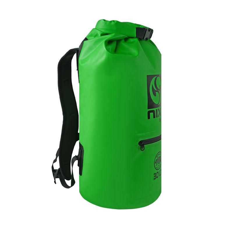 NIXY 30L Waterproof Dry Bag Backpack in Green, side view showing padded adjustable backpack strap, roll top closure and zippered side pocket, floating waterproof backpack for paddleboarding, SUP, kayaking and outdoor adventures
