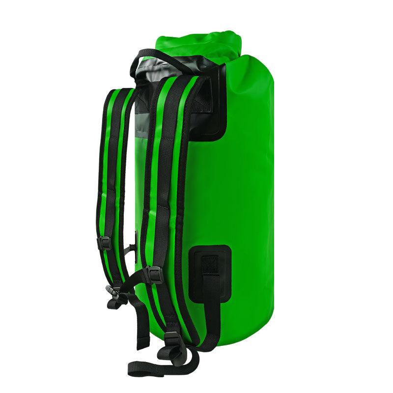 NIXY 30L Waterproof Dry Bag Backpack in Green, back panel view showing padded adjustable shoulder straps, chest and waist buckles and roll top closure for a secure fit during paddleboarding, SUP, kayaking and hiking