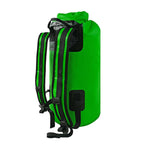 NIXY 30L Waterproof Dry Bag Backpack in Green, back panel view showing padded adjustable shoulder straps, chest and waist buckles and roll top closure for a secure fit during paddleboarding, SUP, kayaking and hiking