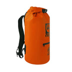 NIXY 30L Waterproof Dry Bag Backpack in Orange, side view showing padded adjustable backpack strap, roll top closure and zippered side pocket, floating waterproof backpack for paddleboarding, SUP, kayaking and outdoor adventures
