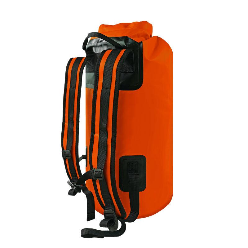 NIXY 30L Waterproof Dry Bag Backpack in Orange, back panel view showing padded adjustable shoulder straps, chest and waist buckles and roll top closure for a secure fit during paddleboarding, SUP, kayaking and hiking
