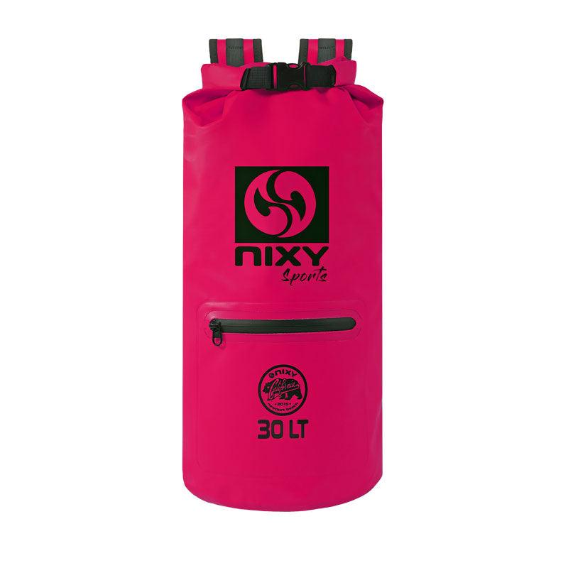 NIXY 30L Waterproof Dry Bag Backpack in Fuchsia, front view showing roll top closure, backpack straps, zippered front pocket and NIXY sports logo, large capacity floating waterproof backpack for paddleboarding, SUP, kayaking and outdoor adventures