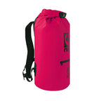 NIXY 30L Waterproof Dry Bag Backpack in Fuchsia, side view showing padded adjustable backpack strap, roll top closure and zippered side pocket, floating waterproof backpack for paddleboarding, SUP, kayaking and outdoor adventures
