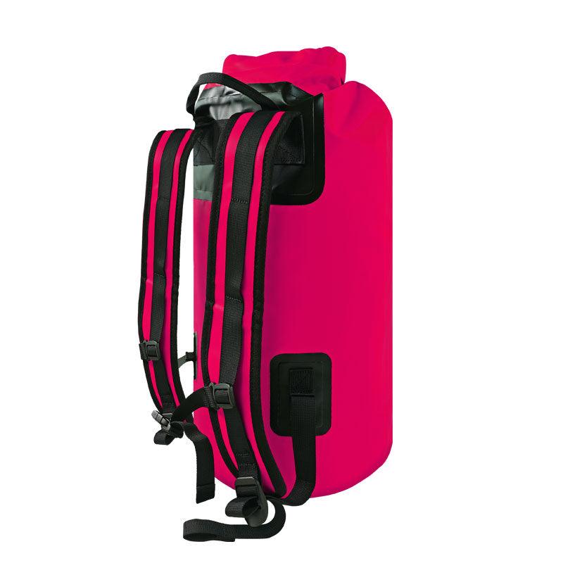 NIXY 30L Waterproof Dry Bag Backpack in Fuchsia, back panel view showing padded adjustable shoulder straps, chest and waist buckles and roll top closure for a secure fit during paddleboarding, SUP, kayaking and hiking