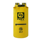 Yellow 30L waterproof backpack in front of a white background