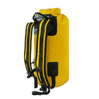 NIXY 30L Waterproof Dry Bag Backpack in Yellow, back panel view showing padded adjustable shoulder straps, chest and waist buckles and roll top closure for a secure fit during paddleboarding, SUP, kayaking and hiking