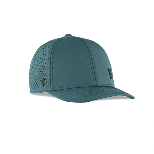 NIXY Stoked Performance Snapback Cap in Teal — Front 3/4 angle view with breathable mesh side panels, curved brim and embossed NIXY rubber logo patch for paddleboarding, SUP and beach sun protection
