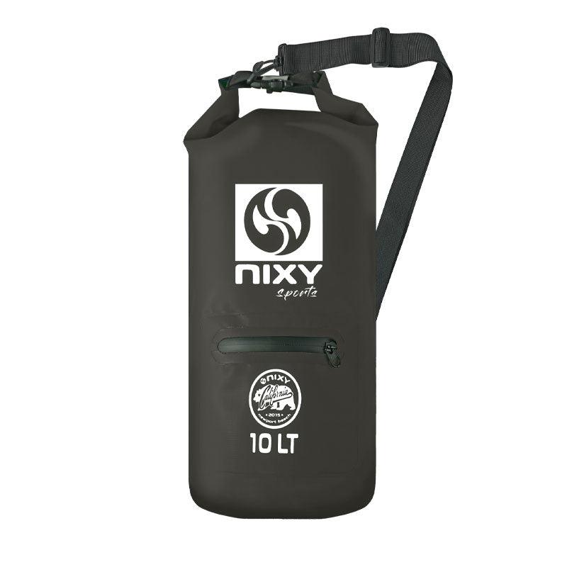 NIXY 10L Waterproof Dry Bag in Black, front view showing roll top closure, adjustable shoulder strap, zippered front pocket and NIXY sports logo, sleek floating dry bag for paddleboarding, SUP, kayaking and beach adventures