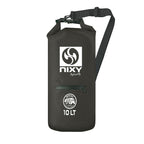 NIXY 10L Waterproof Dry Bag in Black, front view showing roll top closure, adjustable shoulder strap, zippered front pocket and NIXY sports logo, sleek floating dry bag for paddleboarding, SUP, kayaking and beach adventures