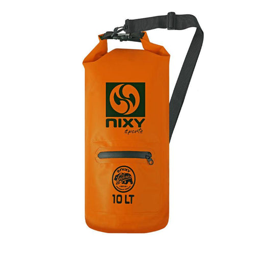NIXY 10L Waterproof Dry Bag in Orange, front view showing roll top closure, adjustable shoulder strap, zippered front pocket and NIXY sports logo, floating dry bag for paddleboarding, SUP, kayaking and beach adventures