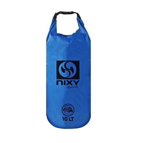NIXY Waterproof Dry Sack in Blue 10L, front view showing roll top closure and NIXY sports logo, lightweight floating dry bag for paddleboarding, SUP, kayaking and beach adventures