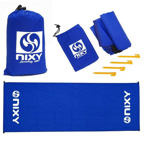 NIXY Landing Mat in Blue complete set with carry bag, folded mat, yellow ground stakes and unfolded mat showing NIXY sports logo, lightweight waterproof ripstop nylon ground cover for paddleboarding, SUP, kayaking and beach adventures
