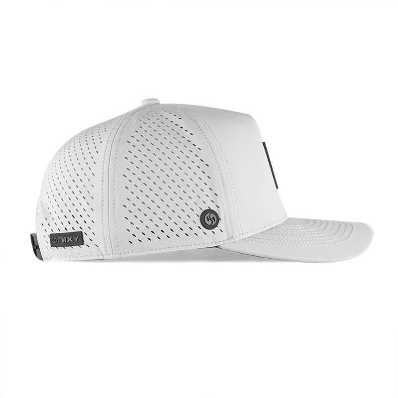 NIXY Stoked Trucker Water Hat in white back view showing breathable mesh ventilation and snapback adjustment