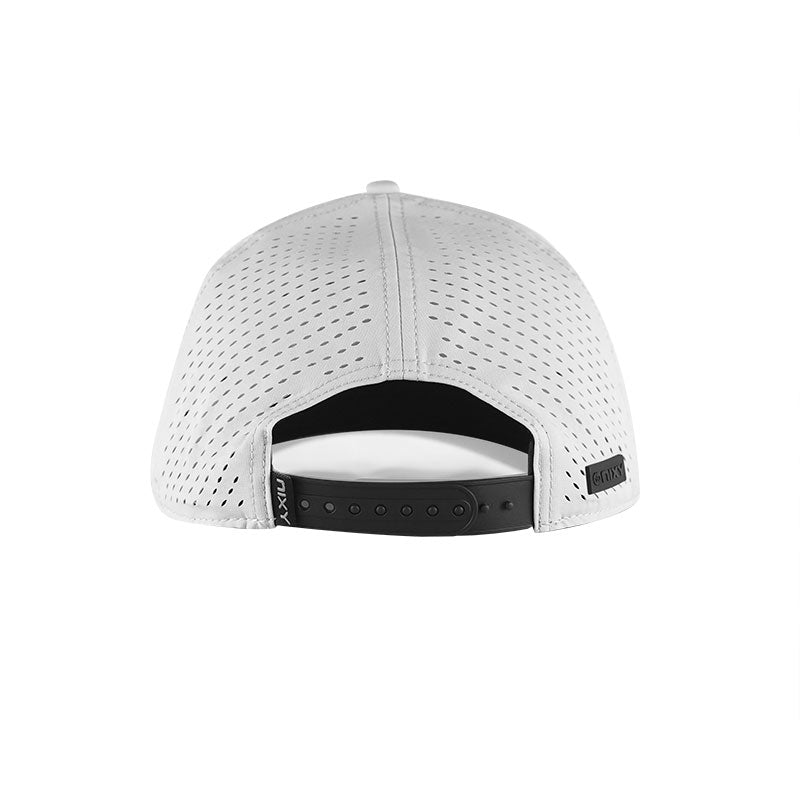 NIXY Stoked Trucker Water Hat in white side profile highlighting curved brim and water-repellent performance fabric