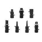 Seven nozzles for inflatable watercraft with a white background