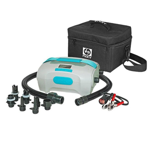 Close-up of NIXY Ventus Paddle Board Electric Pump with seven nozzles with a white background